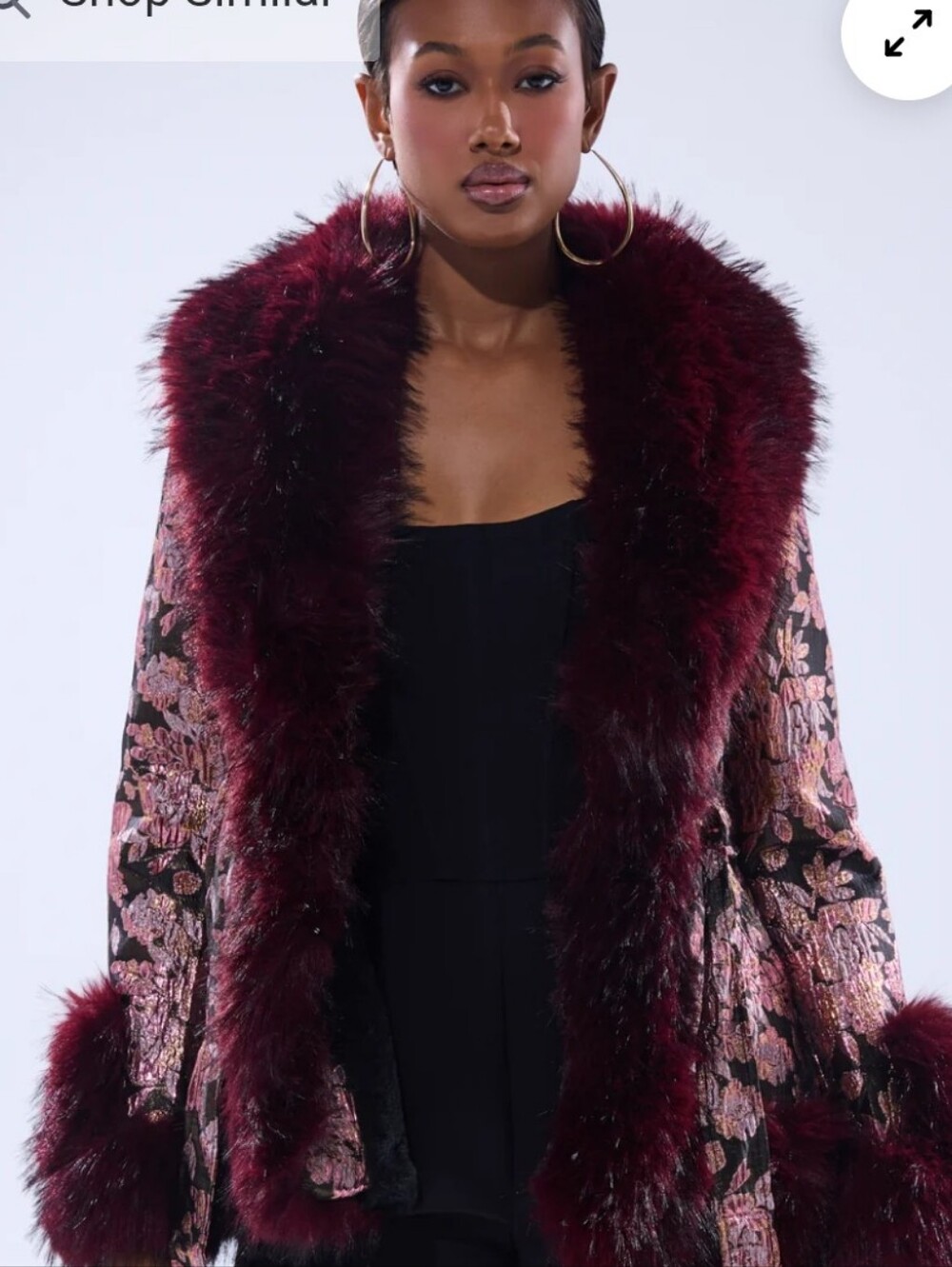 NWT AKIRA Burgundy+Pink Floral Jacquard Coat with Faux Fur Trim - Picture 2 of 9
